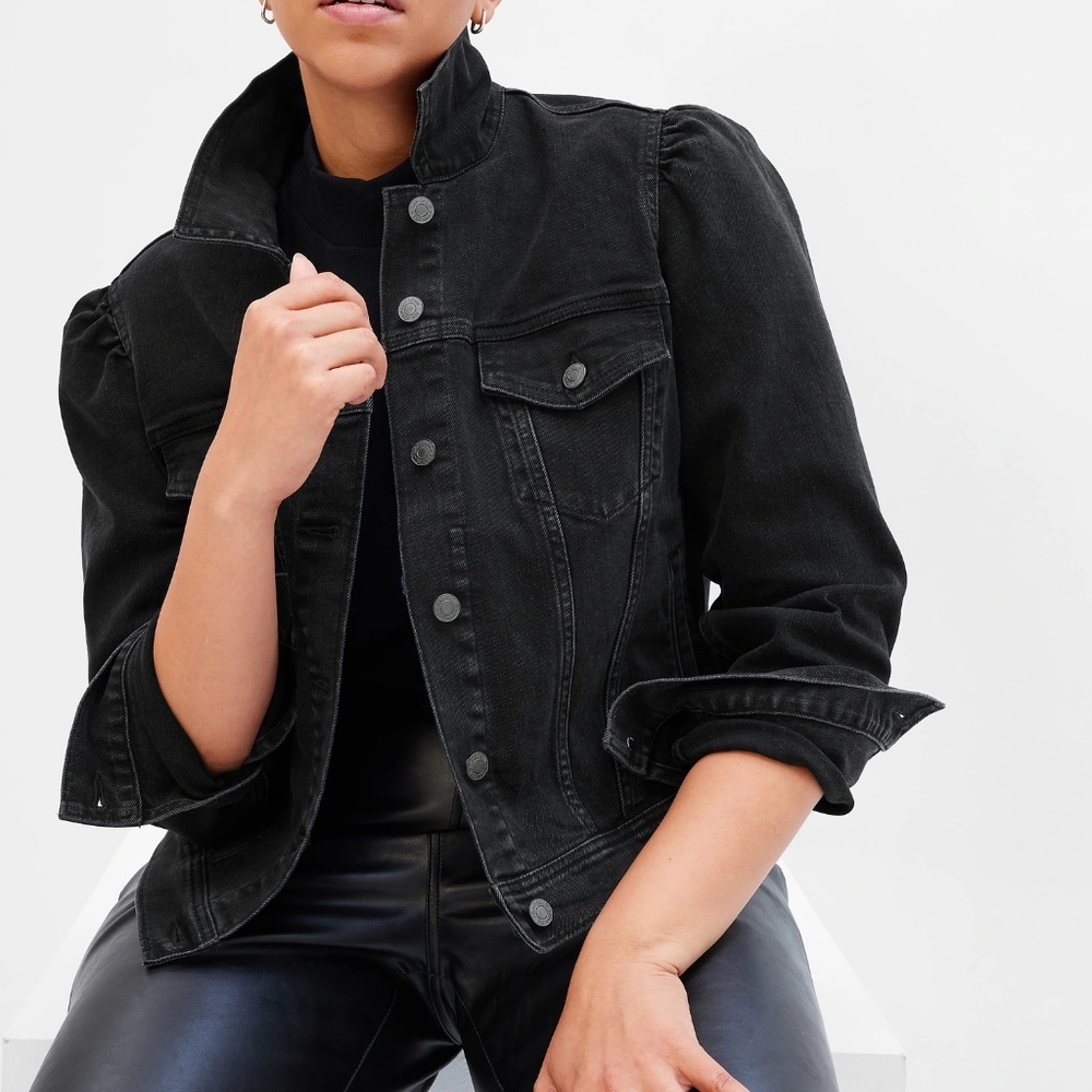 NWT Gap Icon Black Denim Jacket W/Puff Sleeve - Size M